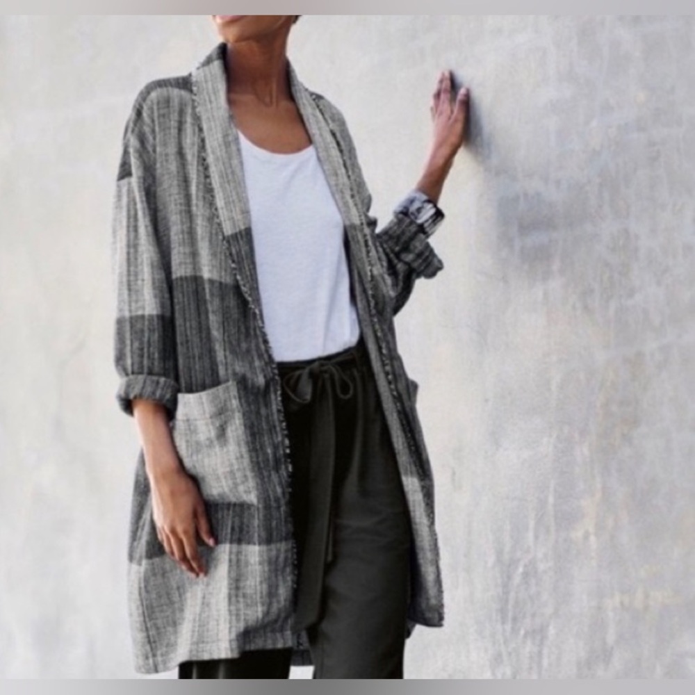 EILEEN FISHER hazy blocks organic cotton shawl jacket Great Autumn Weather - Picture 4 of 10